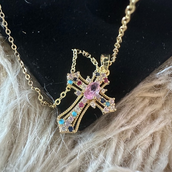 Cubic Zirconia Multi-Color Cross a Faux Gold 15..7” to 17.7” Adjustable … - Picture 7 of 7